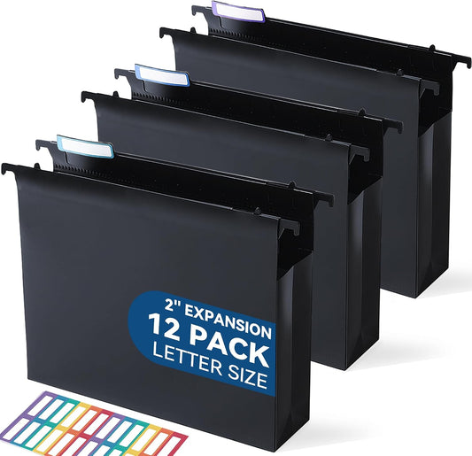 SortRax Plastic Hanging File Folders, 2" Expansion, Letter Size, Black