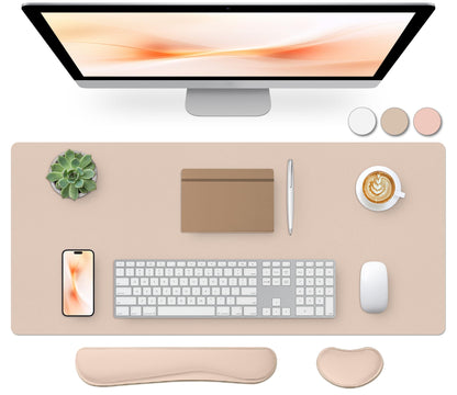 Leather Desk Pad, Mouse Pad, Non-Slip Desk Protector Mat, Leather Desk Blotter, Computer Desk Pad, Waterproof Desk Mat for Office Home Decor - Beige (31.5×15.7 Inches)
