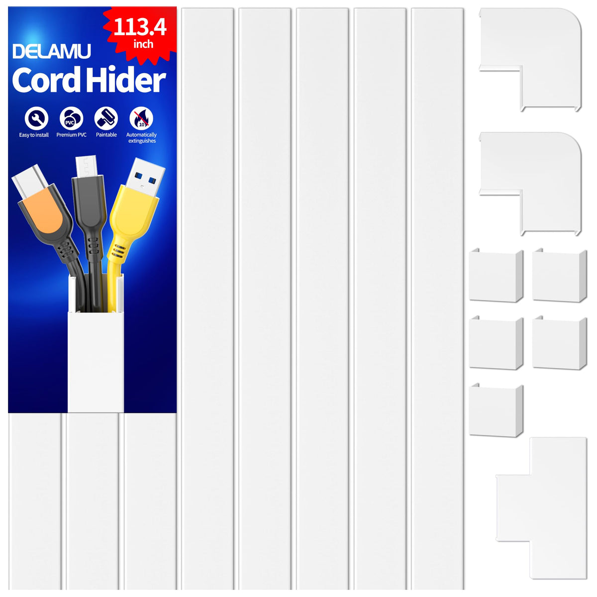 Delamu Cord Hider, 157in Wire Covers for Cords on Wall, Premium Cable Hider Cord Covers for Wires, Cable Management Wire Hiders for TV, Cable Raceway Kit, W0.95 H0.55in, White
