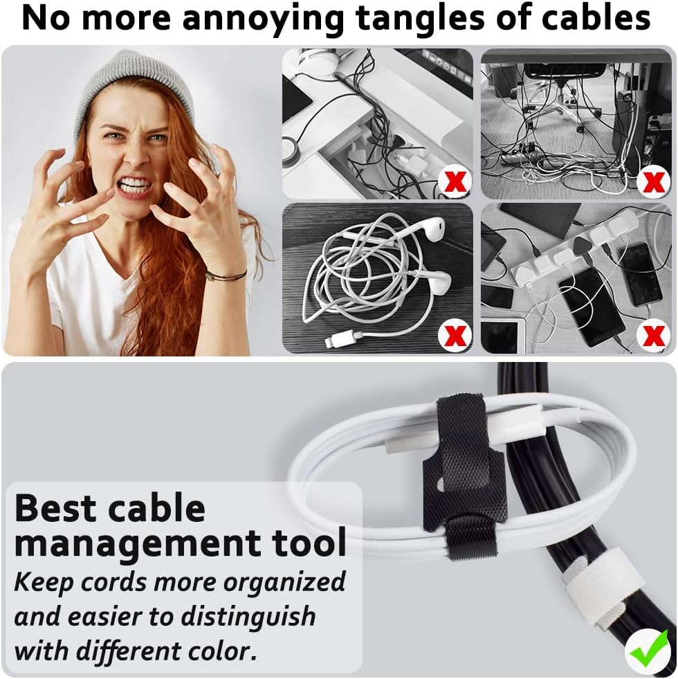 70pcs Cable Ties Reusable Black and White Wire Ties Cable Management Cord Ties Reusable for Electronics Hook and Loop Cable Ties for Computer 4 6 8 Inch