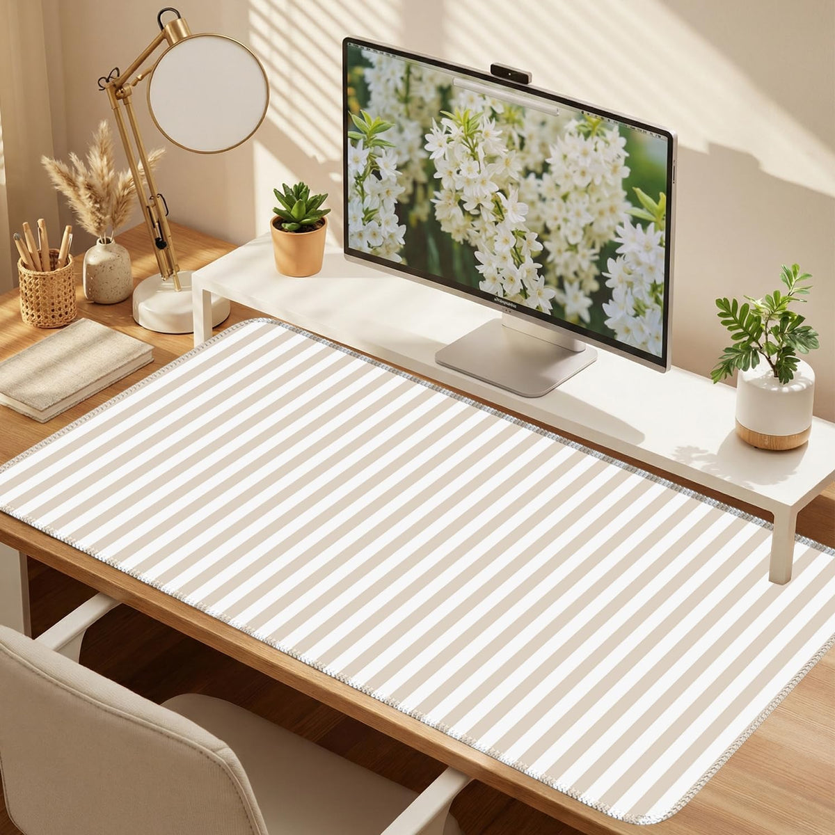 Beige Striped Desk Mat Cute Pastel XXL Large Gaming Mouse Pad Desk Pad Kawaii Aesthetic Home Office Decor Cozy Keyboard Laptop Computer Mat
