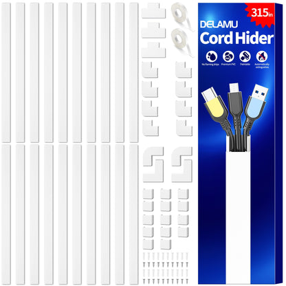 Delamu Cord Hider, 157in Wire Covers for Cords on Wall, Premium Cable Hider Cord Covers for Wires, Cable Management Wire Hiders for TV, Cable Raceway Kit, W0.95 H0.55in, White