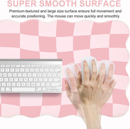 L-SPOUTTO Pink Mouse Pad,Geometric Desk Mat XXL Large Scalloped Gaming Mousepad,35.4x15.7in Non-Slip Rubber Base Keyboard Pad Waterproof Desktop Mat for Laptop Computer Game Home Office-Checkered
