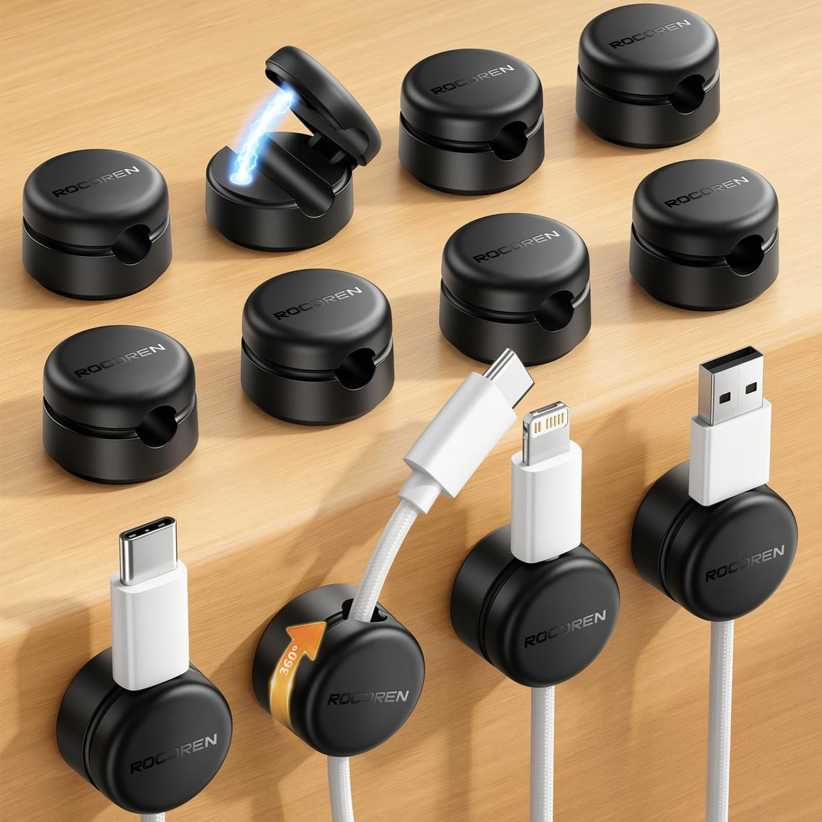 Rocoren 12 Pack Magnetic Cable Clips,360° Rotating Cord Organizer Holder