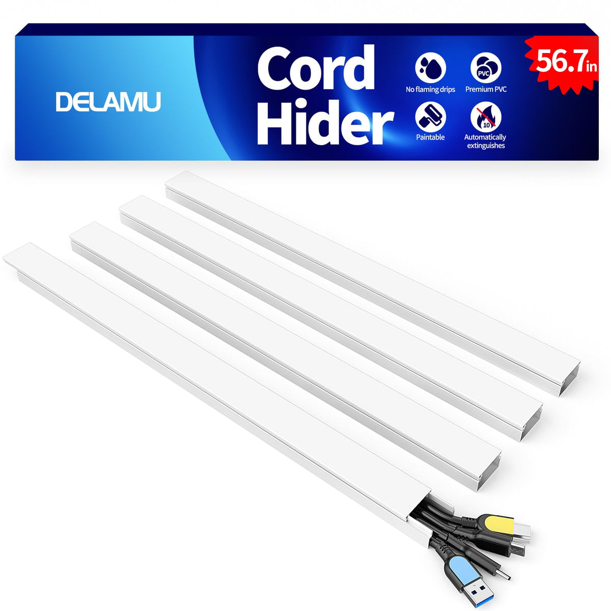 Delamu Cord Hider, 157in Wire Covers for Cords on Wall, Premium Cable Hider Cord Covers for Wires, Cable Management Wire Hiders for TV, Cable Raceway Kit, W0.95 H0.55in, White