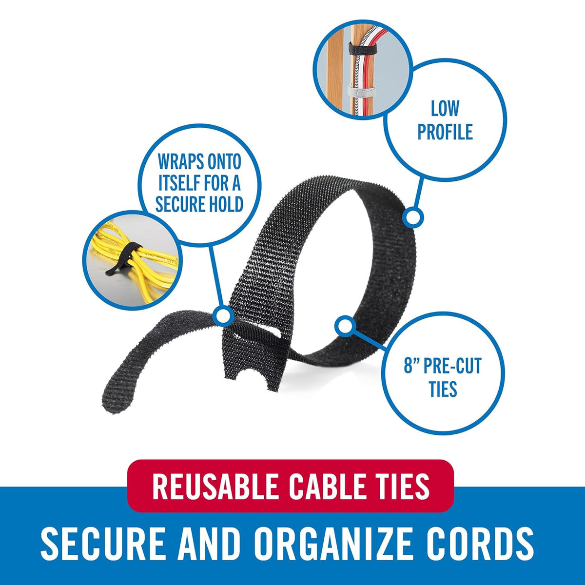 VELCRO Brand Reusable Cable Ties, Cord Management, 8in, Black, 150 Pack
