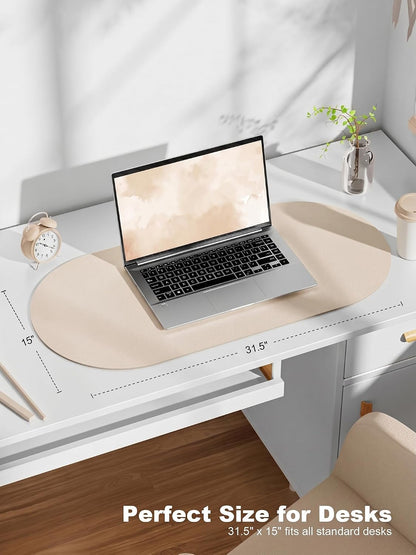 Desk Mat, 31.5" x 15" Oval PU Leather Non-Slip Desk Pad Large Mouse Pad for Desktop, Waterproof Countertop Protector Writing Mat for Office, Home, Gaming, Vanity, Beige