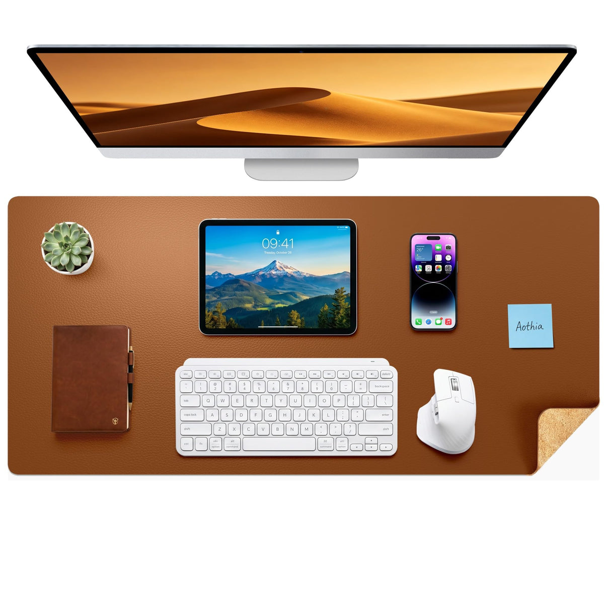 Aothia Double-Sided Desk Pad, 35.4" x 15.7"Leather Desk Mat, Eco Cork Desk Pad Protector,Large Mouse Pad,Waterproof Desk Blotter for Office/Home(Brown)