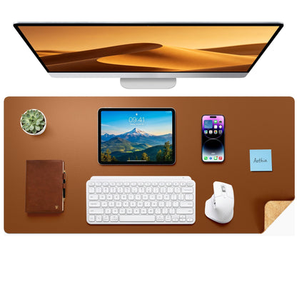 Aothia Double-Sided Desk Pad, 35.4" x 15.7"Leather Desk Mat, Eco Cork Desk Pad Protector,Large Mouse Pad,Waterproof Desk Blotter for Office/Home(Brown)