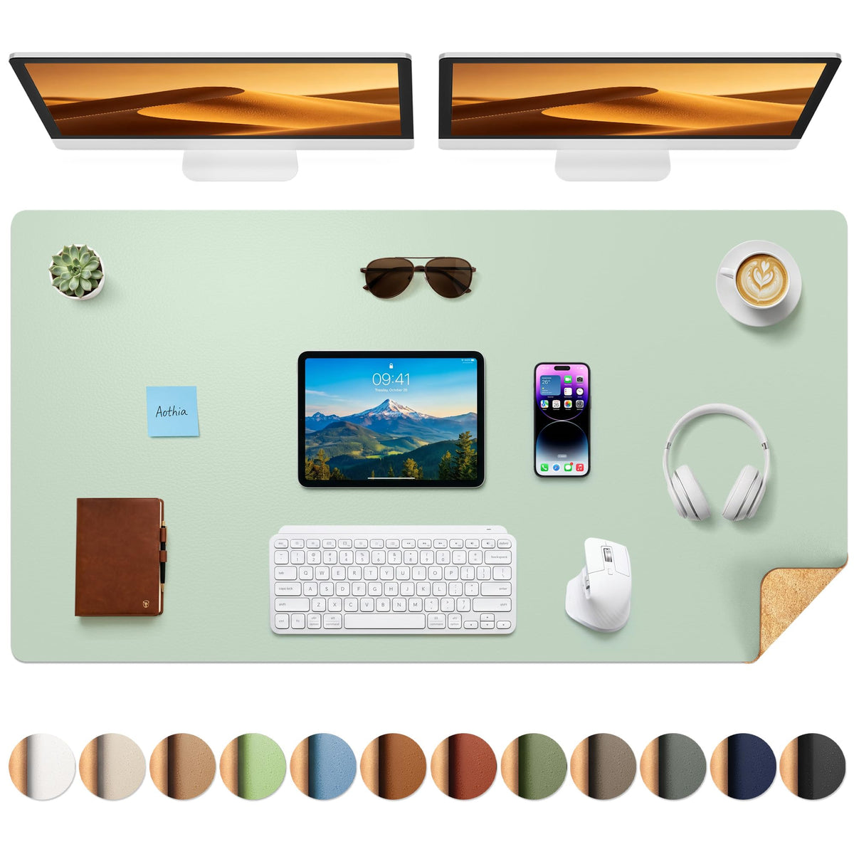 Aothia Double-Sided Desk Pad, 35.4" x 15.7"Leather Desk Mat, Eco Cork Desk Pad Protector,Large Mouse Pad,Waterproof Desk Blotter for Office/Home(Brown)