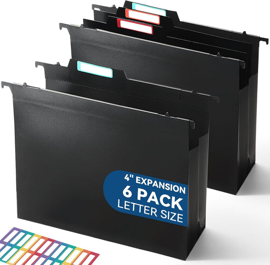 SortRax Plastic Hanging File Folders, 4" Expansion for Bulky Files, Black