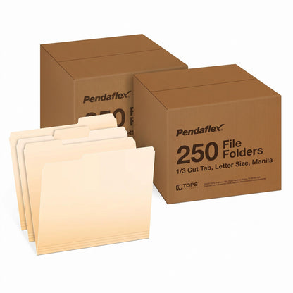 Pendaflex File Folders, 250-Pack, Letter Size, Manila, 1/3-Cut Tabs, Premium Paper Folders for File Cabinets, Home, Office & Classroom Document Organization, 3-Tab Letter File Folders