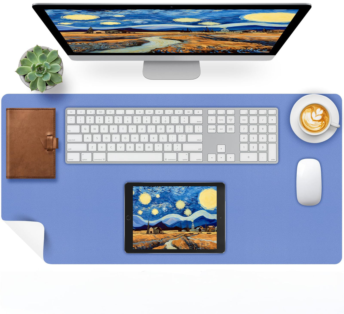 Bloss Blue Leather Desk Mat Protector,Leather Mouse Pad,Laptop Protector Desks Mat,Office Desks Mats,Keyboard Desks Mats,Computer Mat,Dual-Side Waterproof Desk Writing Pad for Office/Home.23.6"x 13.8"