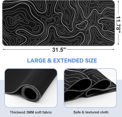 DIGSOM Gaming Mouse Pad, Black with White Topographic Line, 31.5x11.8in
