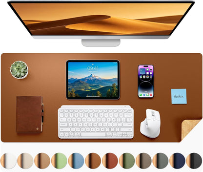 Aothia Double-Sided Desk Pad, 35.4" x 15.7"Leather Desk Mat, Eco Cork Desk Pad Protector,Large Mouse Pad,Waterproof Desk Blotter for Office/Home(Brown)
