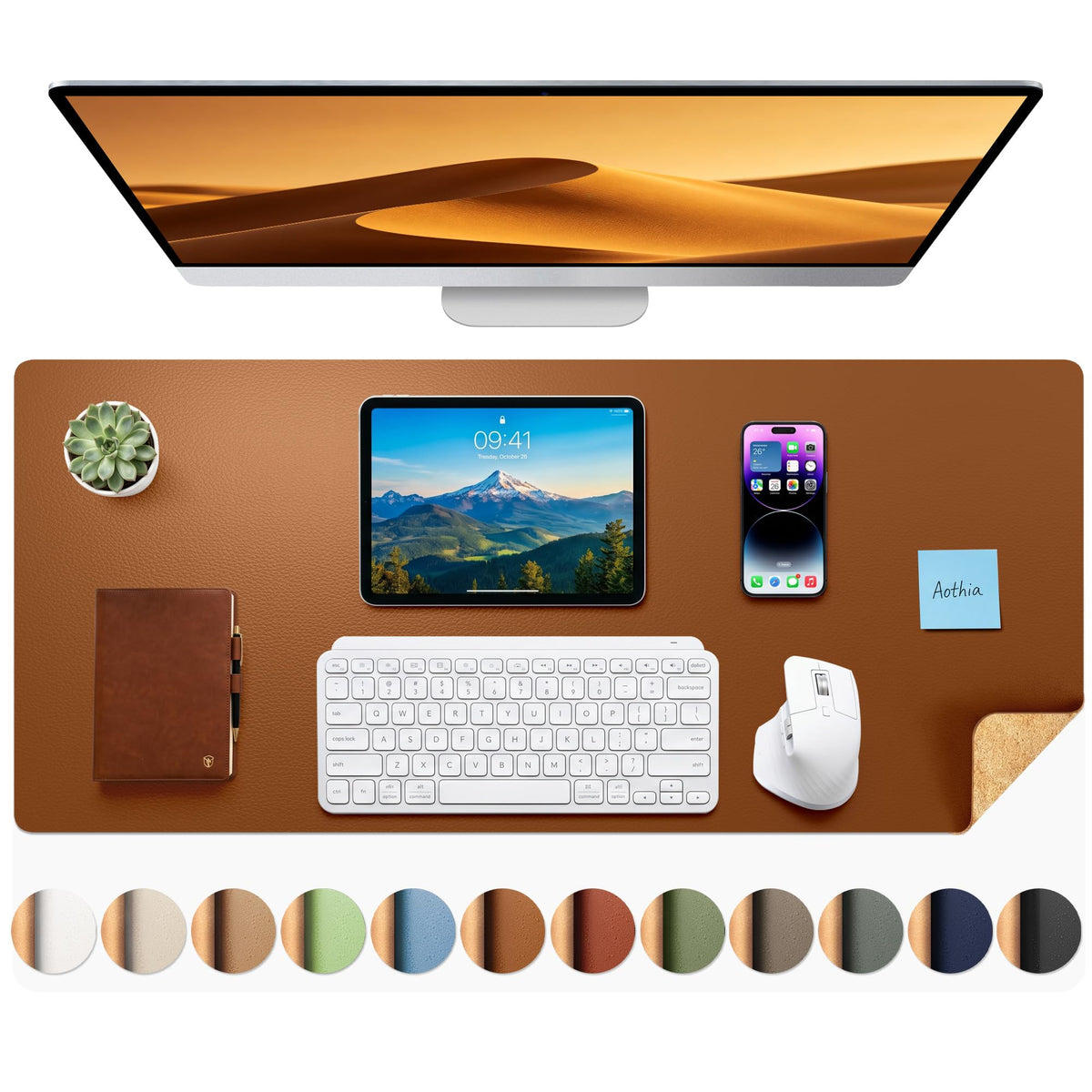 Aothia Double-Sided Desk Pad, 35.4" x 15.7"Leather Desk Mat, Eco Cork Desk Pad Protector,Large Mouse Pad,Waterproof Desk Blotter for Office/Home(Brown)