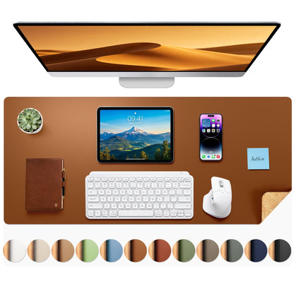 Aothia Double-Sided Desk Pad, 35.4" x 15.7"Leather Desk Mat, Eco Cork Desk Pad Protector,Large Mouse Pad,Waterproof Desk Blotter for Office/Home(Brown)