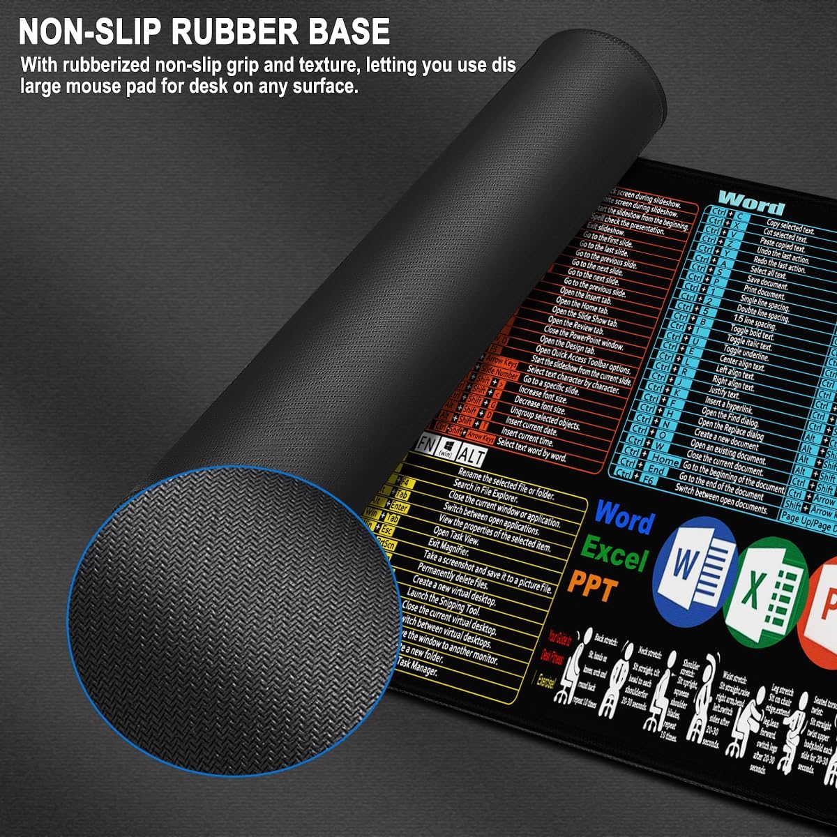 Excel Shortcuts Large Mouse Pad, 31.5 x 15.7 in Mousepad with Stitched Edge