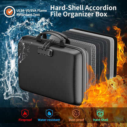 DocSafe Fireproof File Organizer with Lock, Hard-Shell Case Fireproof Document Box with 13 Pocket Accordion File Folder, Portable Home Office Travel Safe Storage for Important Documents Laptop Black