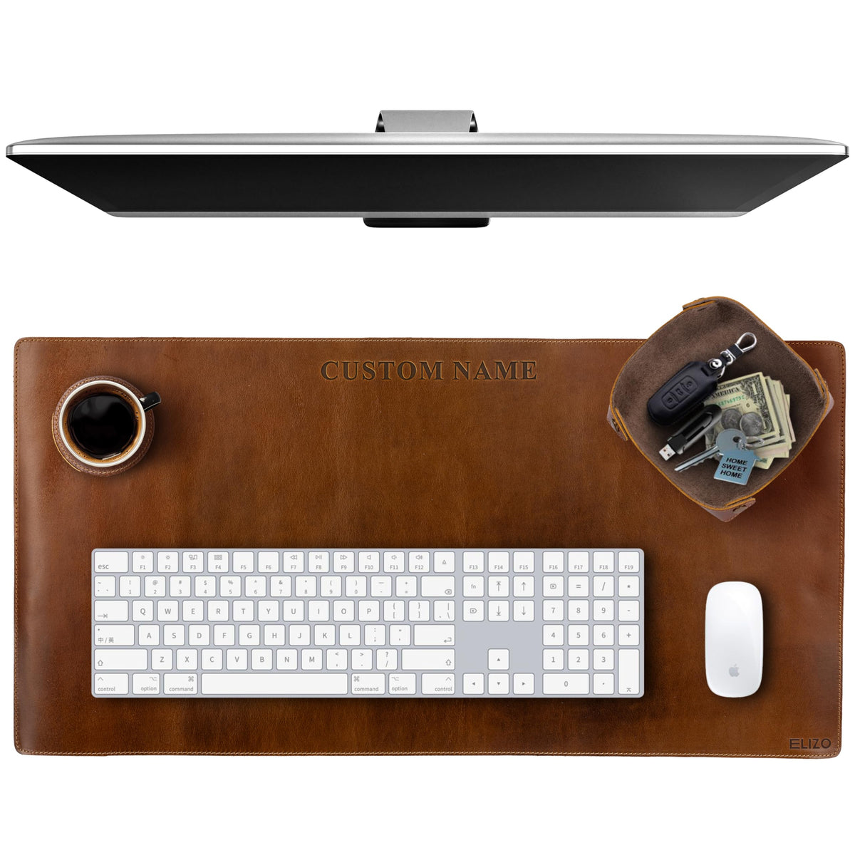 Elizo Real Leather Desk Mat Set (32x16) Large Desk Cover Desk Blotter Protector Computer Gaming Mouse Pad Table Laptop Office Desktop Accessories - Antique