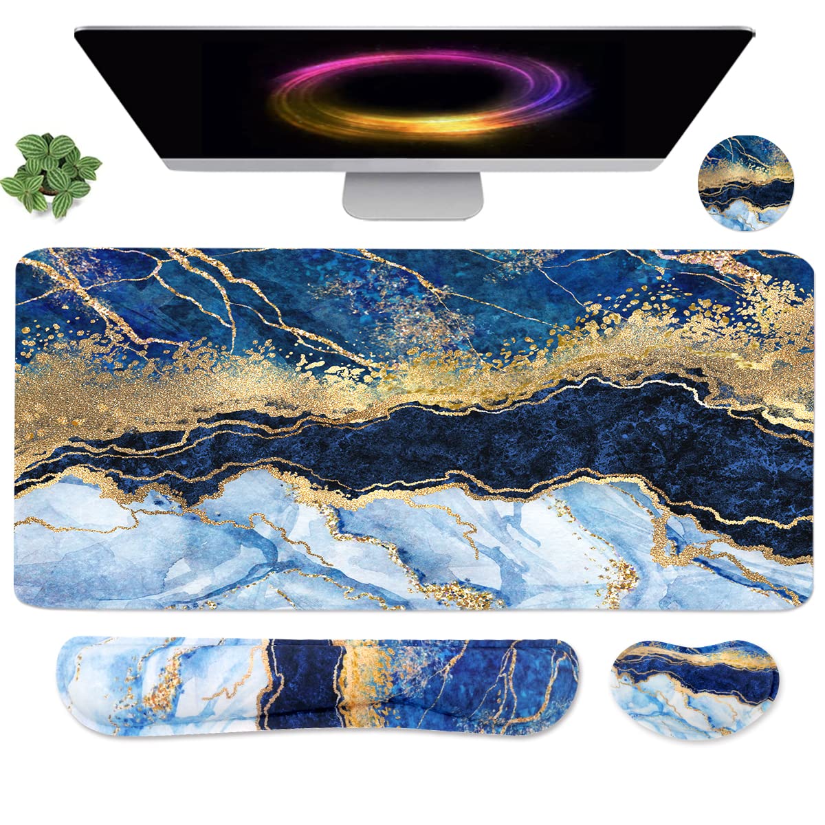 4-in-1 Large Gaming Mouse Pad, Keyboard Wrist Rest Pad & Wrist Support Mousepad Set, Extended Desk Pad Waterproof Desk Mat for Home Office Study Game-Pink Gold Marble