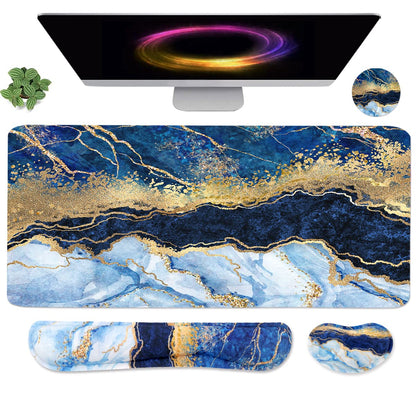 4-in-1 Large Gaming Mouse Pad, Keyboard Wrist Rest Pad & Wrist Support Mousepad Set, Extended Desk Pad Waterproof Desk Mat for Home Office Study Game-Pink Gold Marble