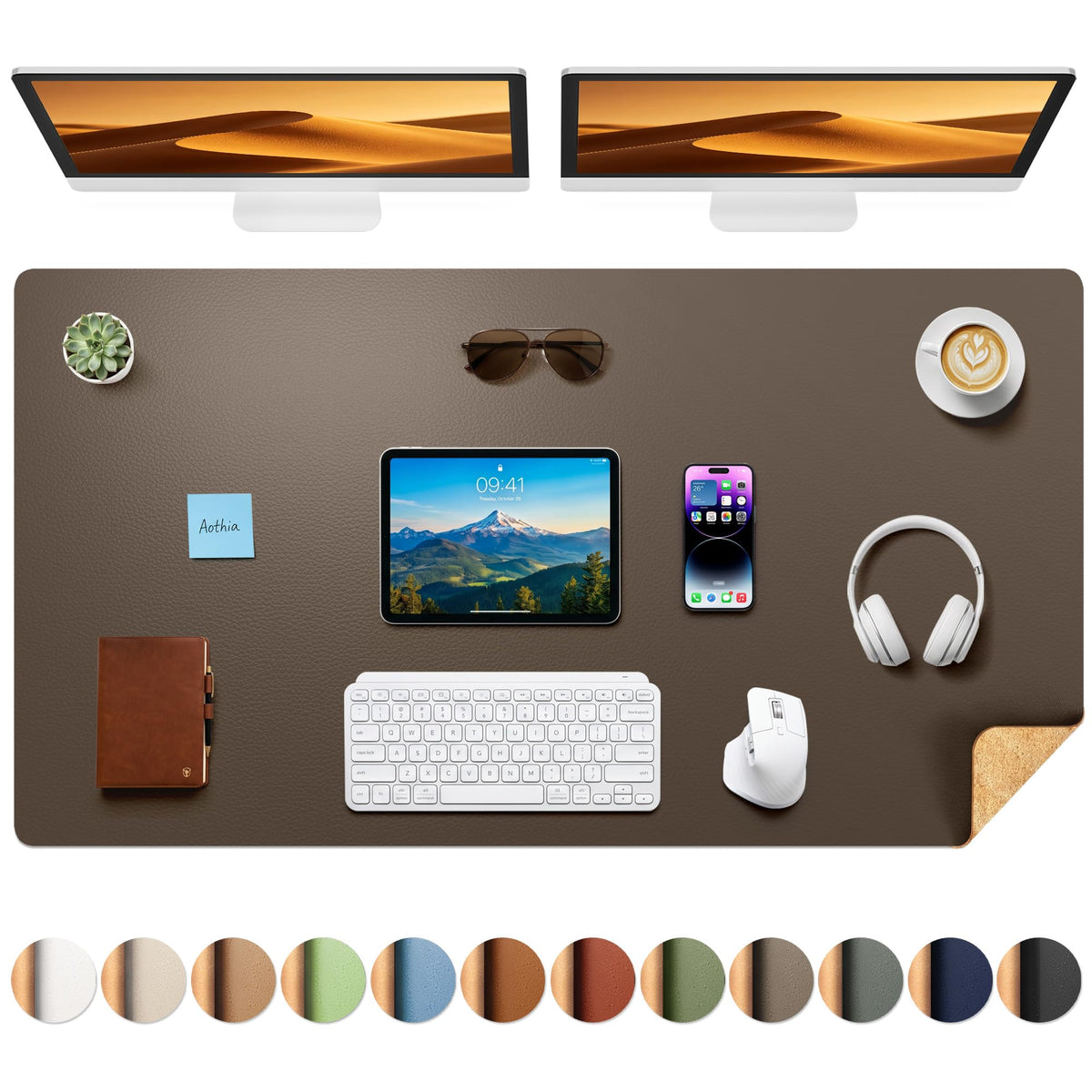 Aothia Double-Sided Desk Pad, 35.4" x 15.7"Leather Desk Mat, Eco Cork Desk Pad Protector,Large Mouse Pad,Waterproof Desk Blotter for Office/Home(Brown)