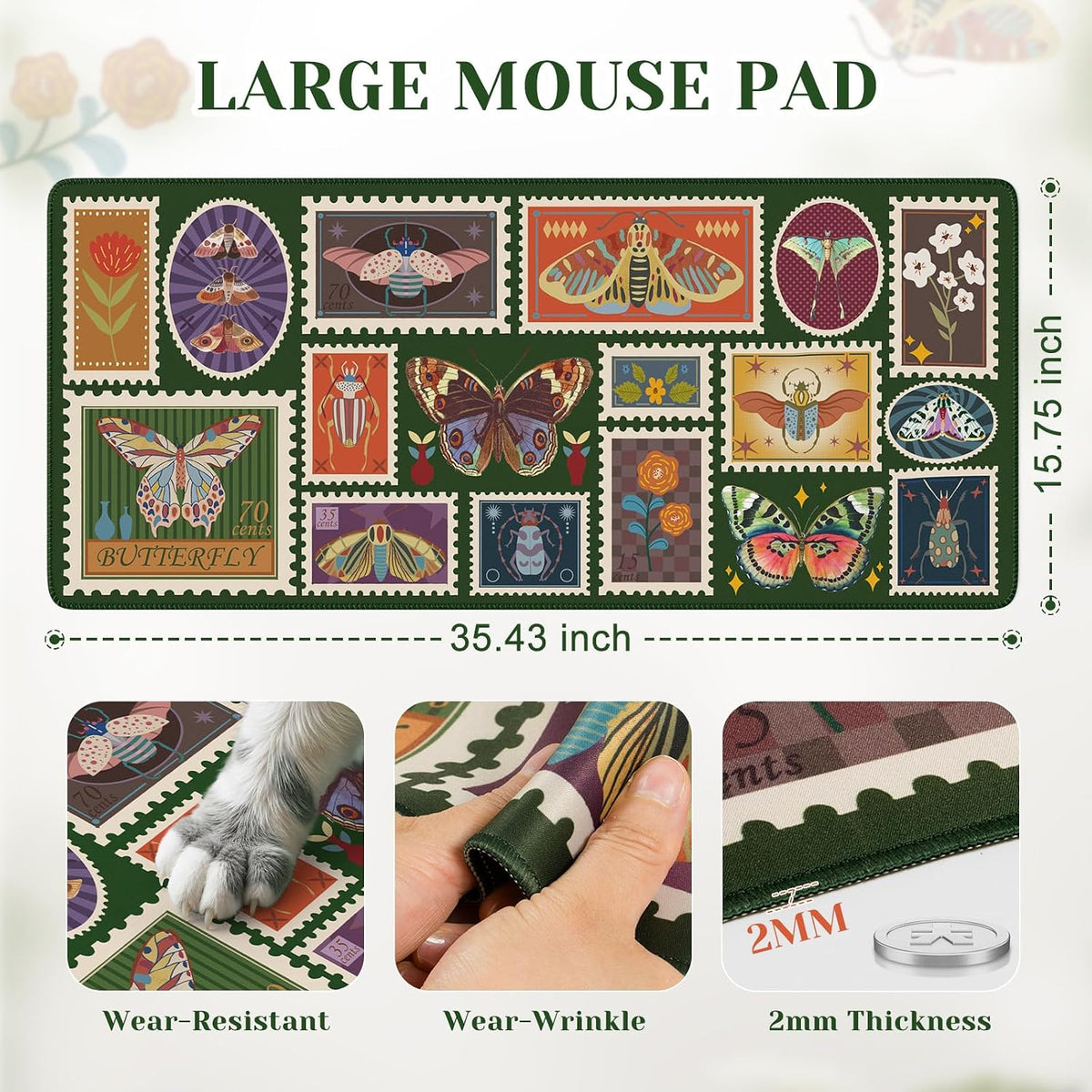 iCasso Vintage Desk Cover Mat, XXL Large Butterfly Mouse Pad, Olive Green
