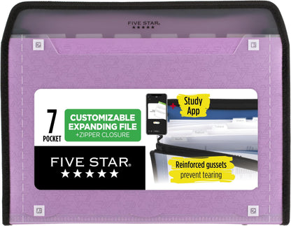 Five Star Expanding File Organizer + Study App, 7-Pocket Accordian File Organizer, Zipper Closure, Holds 8-1/2" x 11" Paper, Black (350099A-ECM)