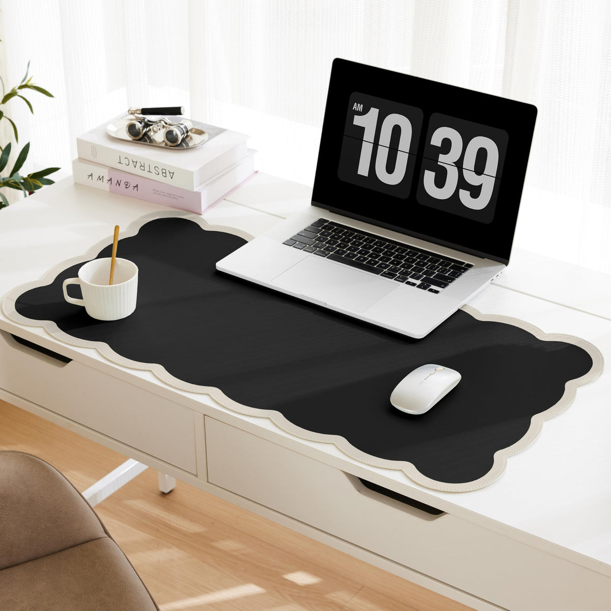 Scalloped Desk Mat, 31.5" x 15.7" Large Cute Aesthetic Desk Accessories, PU Leather Computer Laptop Desk Mouse Keyboard Pad, Desk Writing Mat for Vanity/Work/Home Decor (Beige, 31.5" x 15.7")