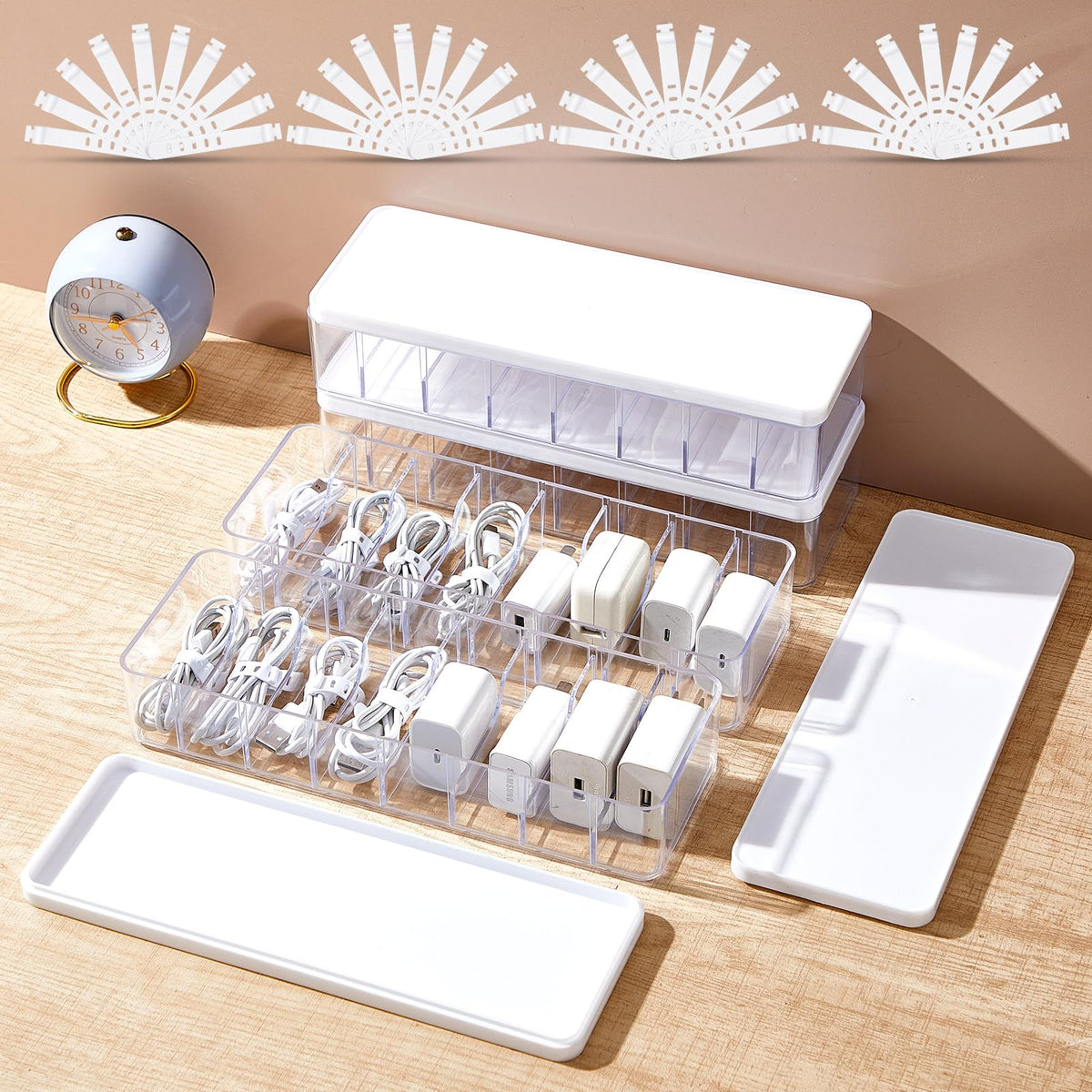 Tatuo Cord Organizer Box with Lid, Clear, 2 Pack