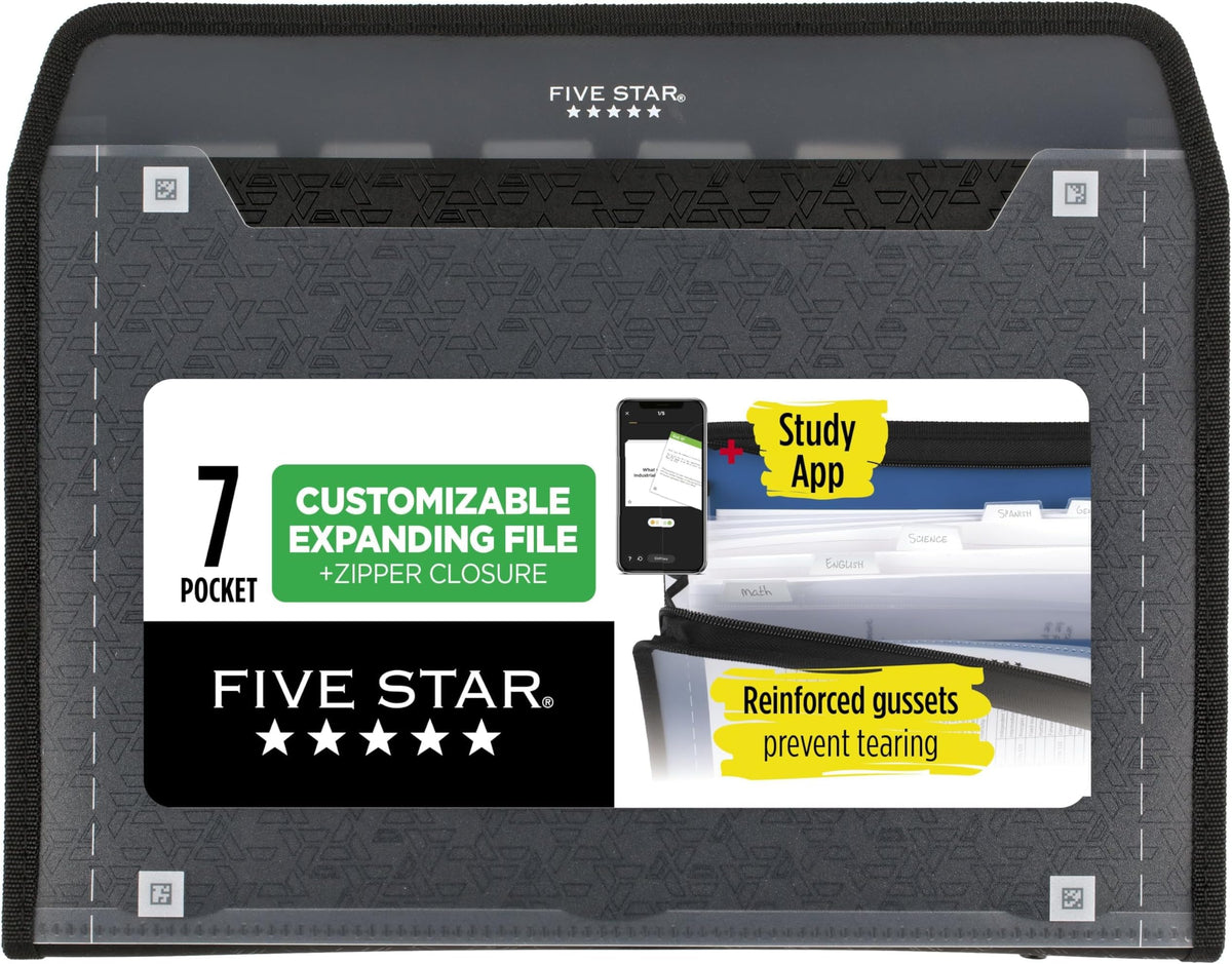 Five Star Expanding File Organizer + Study App, 7-Pocket Accordian File Organizer, Zipper Closure, Holds 8-1/2" x 11" Paper, Black (350099A-ECM)