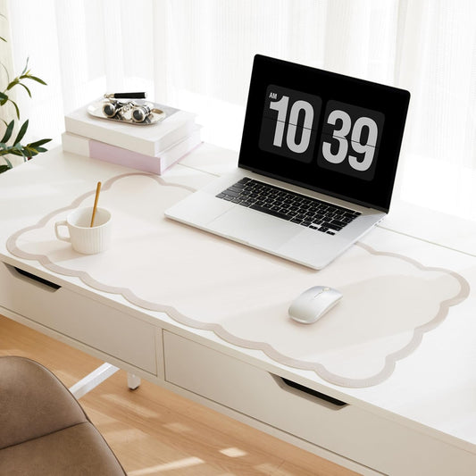 Scalloped Desk Mat, 31.5" x 15.7" Large Cute Aesthetic Desk Accessories, PU Leather Computer Laptop Desk Mouse Keyboard Pad, Desk Writing Mat for Vanity/Work/Home Decor (Beige, 31.5" x 15.7")