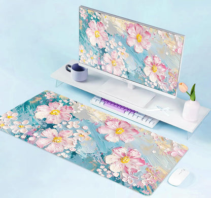 Large Mouse Pad Mousepad, Pink Flowers in a Blue Desk Mats for Desktop, Watercolor Beautiful Floral Laptop Computer Desk Pad, Non-Slip Rubber Base Desktop Mat, 31.5 x 11.8 inches