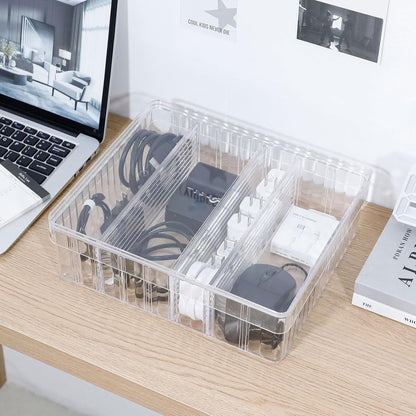 Large Cord Storage Box with Lid, Clear, Wire Ties Included