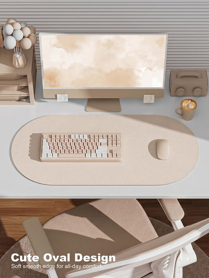 Desk Mat, 31.5" x 15" Oval PU Leather Non-Slip Desk Pad Large Mouse Pad for Desktop, Waterproof Countertop Protector Writing Mat for Office, Home, Gaming, Vanity, Beige