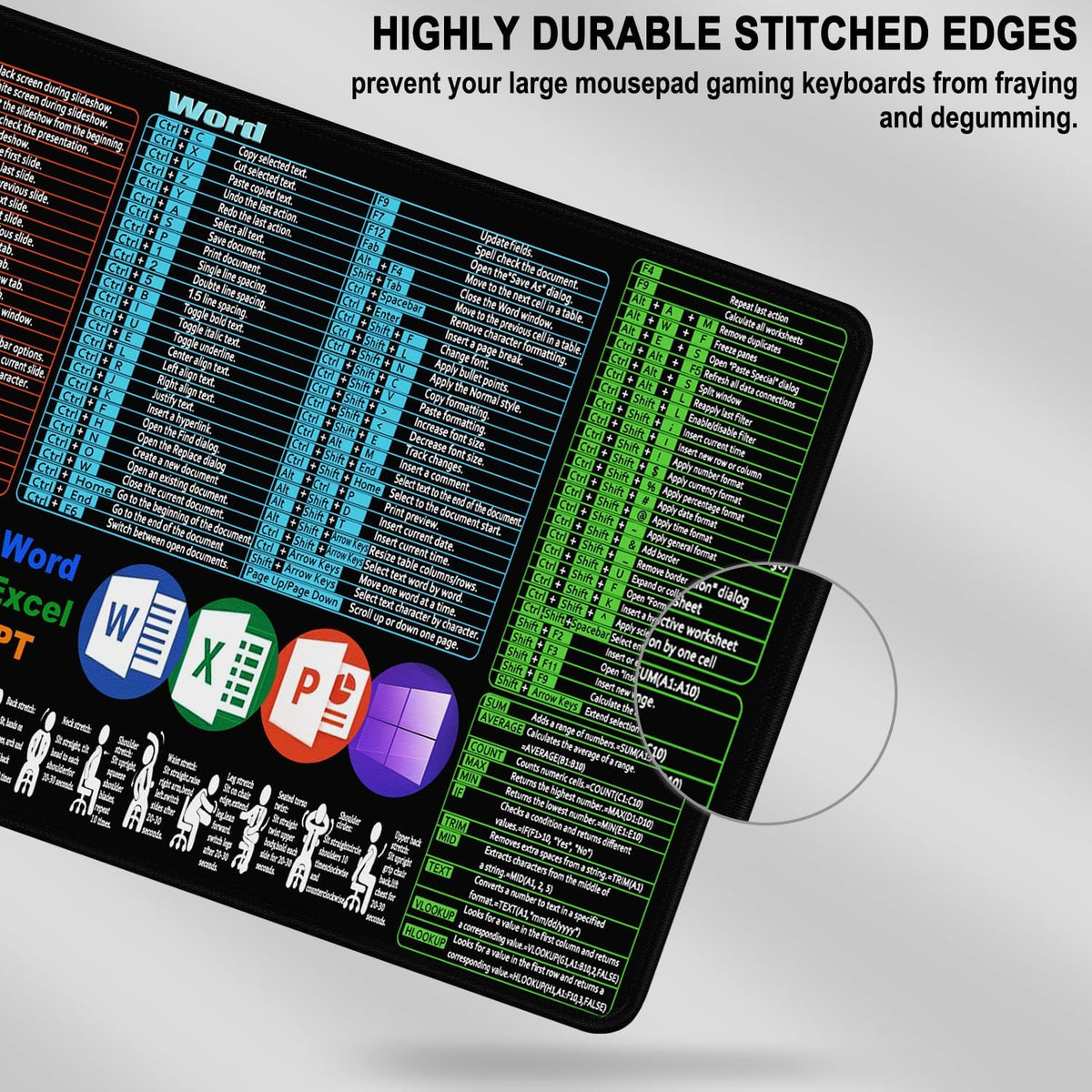 Excel Shortcuts Large Mouse Pad, 31.5 x 15.7 in Mousepad with Stitched Edge