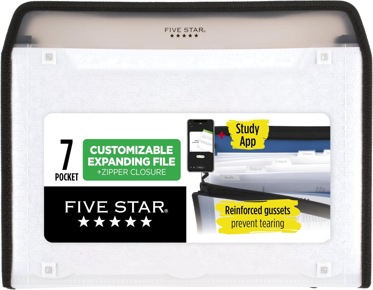 Five Star Expanding File Organizer + Study App, 7-Pocket Accordian File Organizer, Zipper Closure, Holds 8-1/2" x 11" Paper, Black (350099A-ECM)