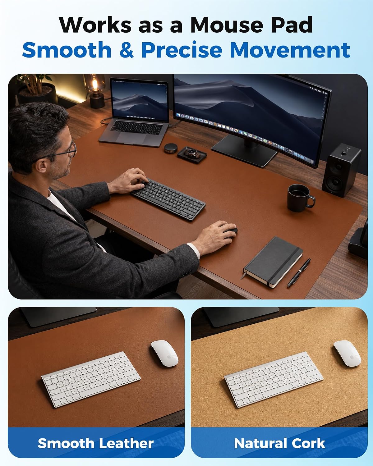 Aothia Double-Sided Desk Pad, 35.4" x 15.7"Leather Desk Mat, Eco Cork Desk Pad Protector,Large Mouse Pad,Waterproof Desk Blotter for Office/Home(Brown)