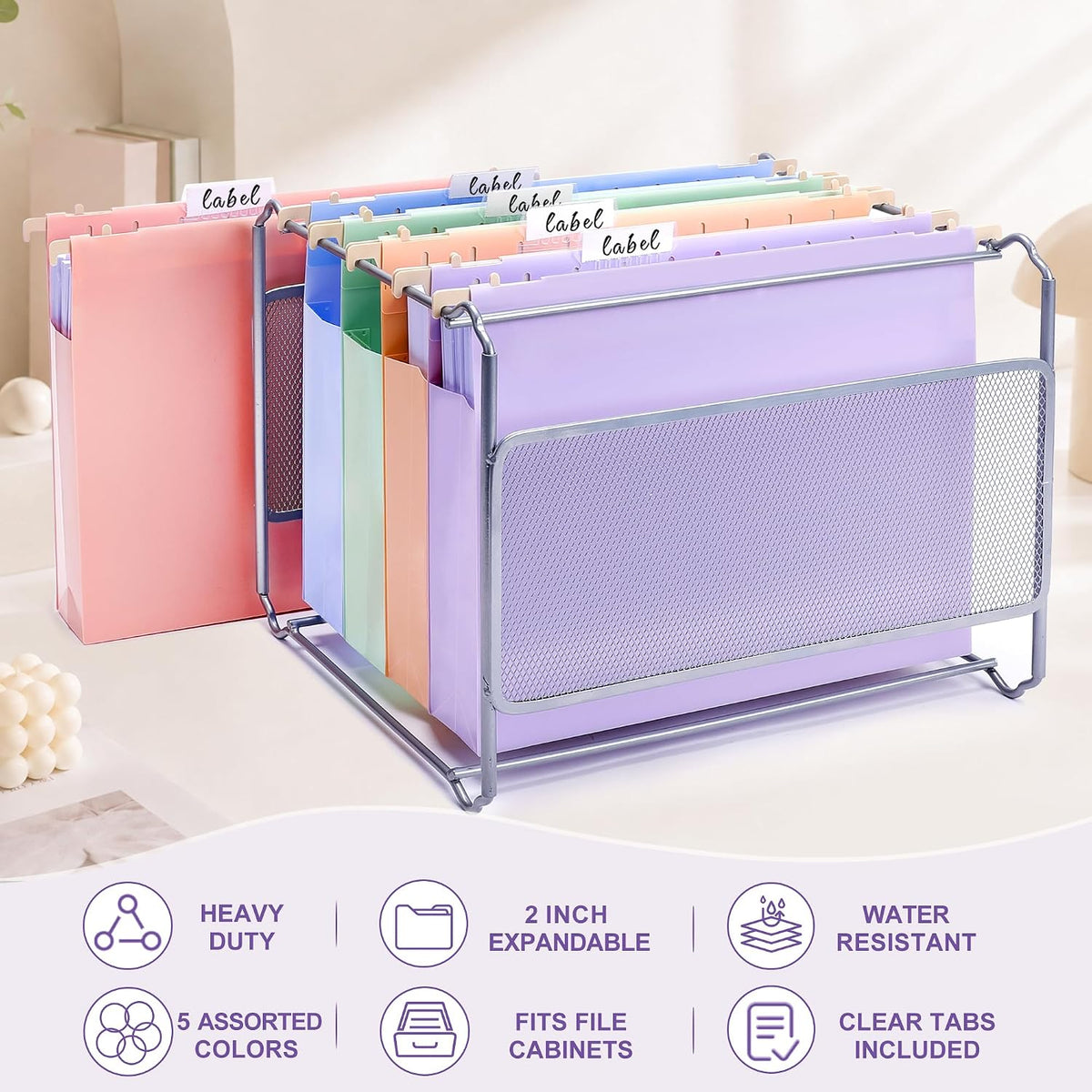 5 Pack Pastel Plastic Hanging File Folders, 2" Expansion Letter Size