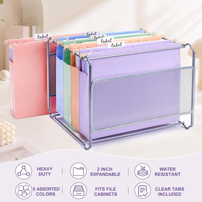 5 Pack Pastel Plastic Hanging File Folders, 2" Expansion Letter Size