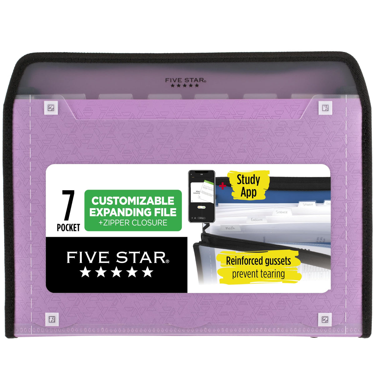 Five Star Expanding File Organizer + Study App, 7-Pocket Accordian File Organizer, Zipper Closure, Holds 8-1/2" x 11" Paper, Black (350099A-ECM)