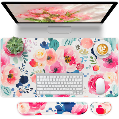 Bloss Pink Floral Desk Mat Cute, Leather Desk Pad, 31.5 x 15.7 Inch