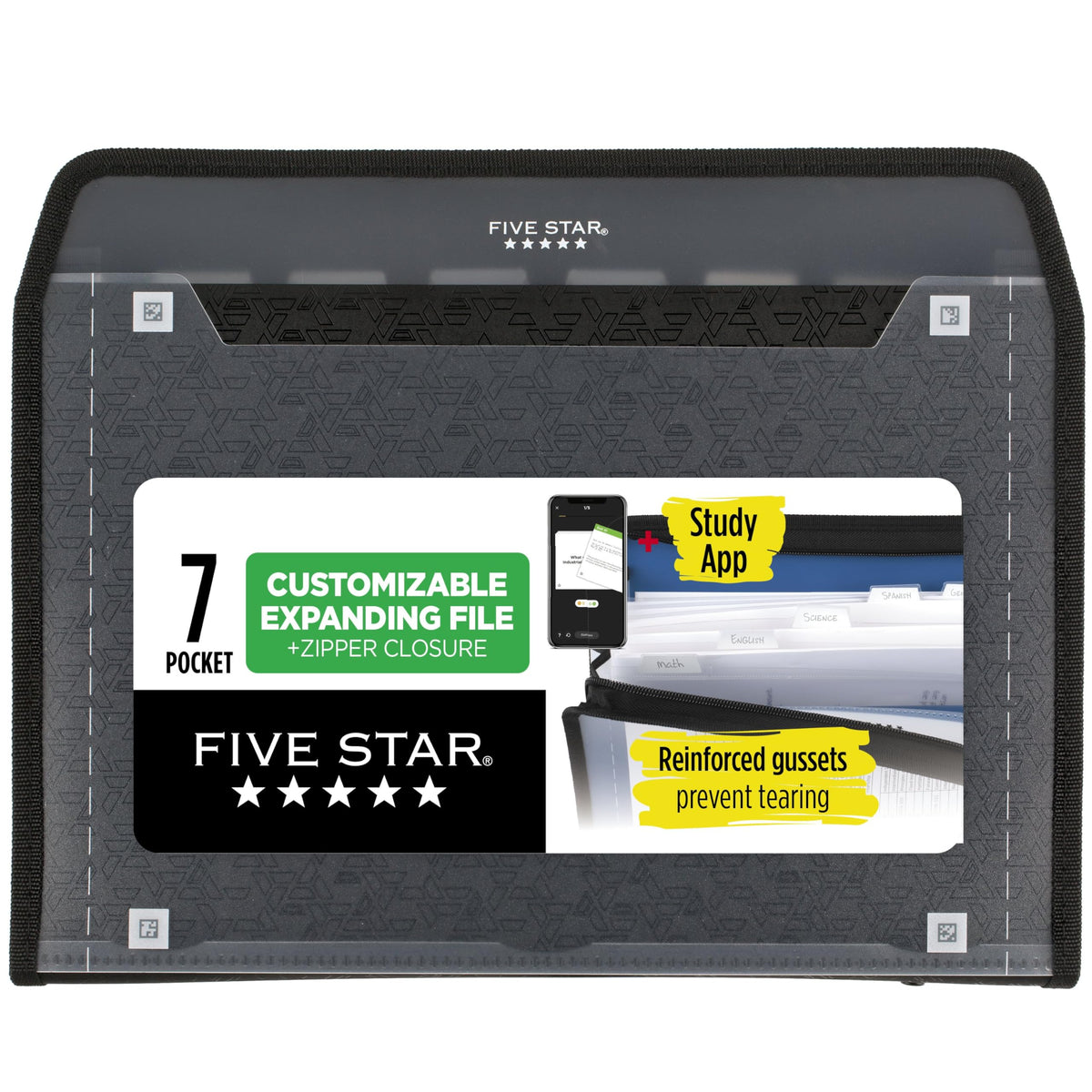 Five Star Expanding File Organizer + Study App, 7-Pocket Accordian File Organizer, Zipper Closure, Holds 8-1/2" x 11" Paper, Black (350099A-ECM)