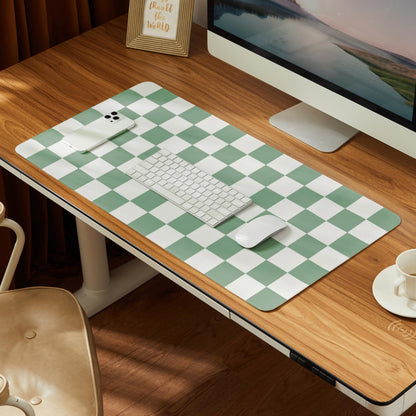 Ohocut Checkered Desk Mat, 31.5" x 15.7" Large Cute Beige Khaki Aesthetic Retro Accessories, PU Leather Computer Laptop Desk Mat Mouse Keyboard Pad, Desk Writing Makeup Mat for Vanity/Work/Home Decor