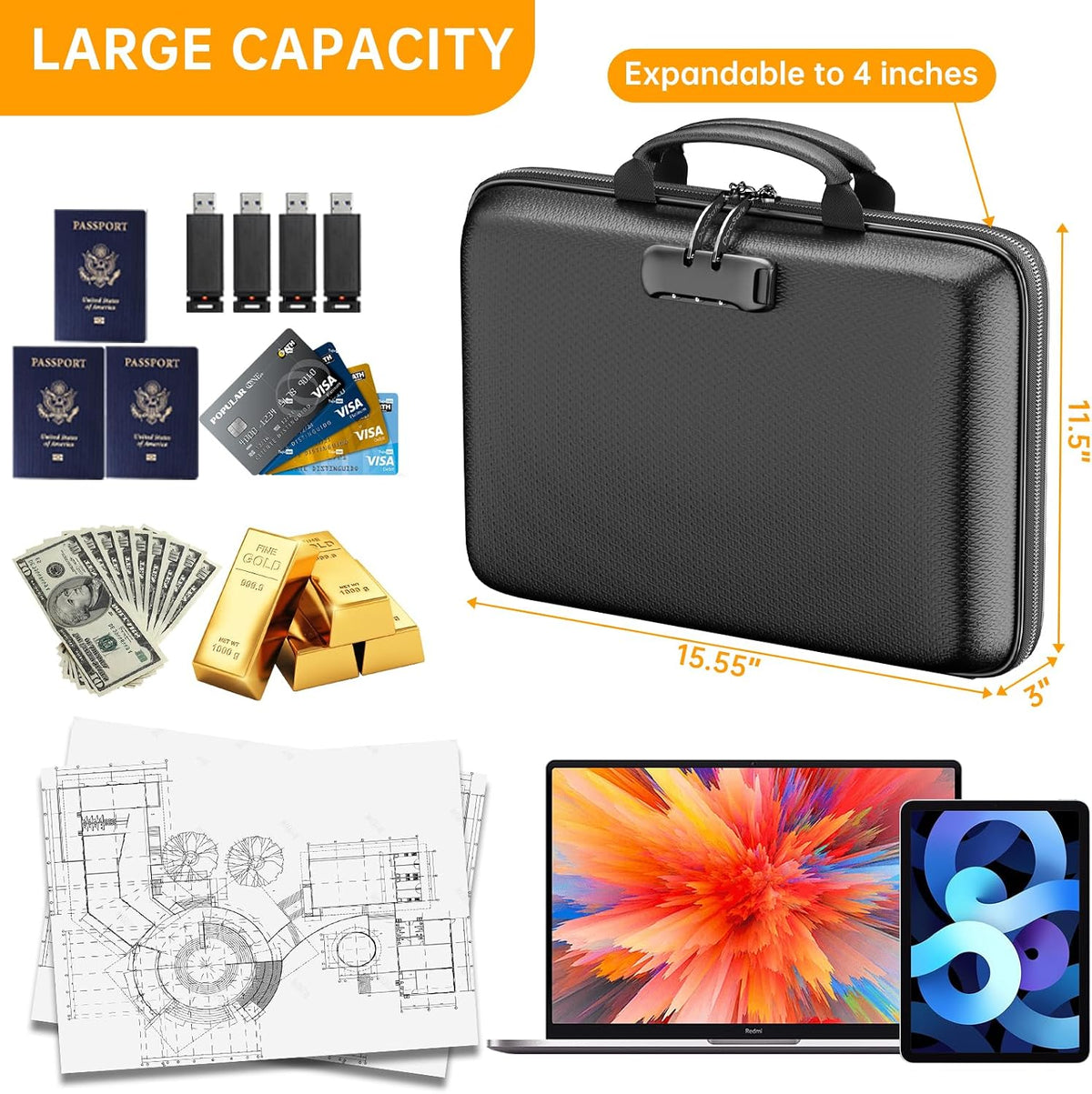 DocSafe Fireproof File Organizer with Lock, Hard-Shell Case Fireproof Document Box with 13 Pocket Accordion File Folder, Portable Home Office Travel Safe Storage for Important Documents Laptop Black
