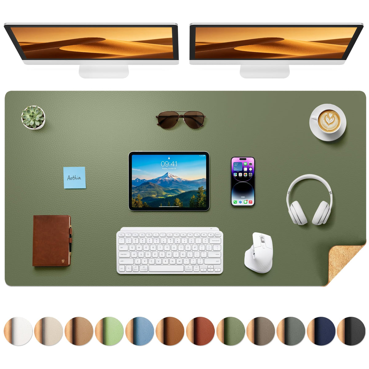 Aothia Double-Sided Desk Pad, 35.4" x 15.7"Leather Desk Mat, Eco Cork Desk Pad Protector,Large Mouse Pad,Waterproof Desk Blotter for Office/Home(Brown)