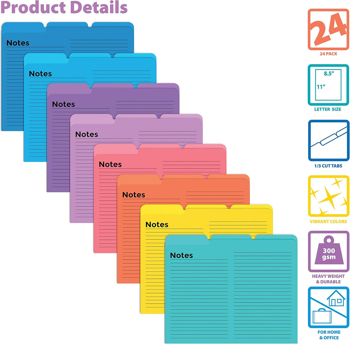 Better Office Products Lined File Folders, 24 Pack, Notes Tabbed File Folders, 1/3 Cut Tabs, 8 Vibrant Colors, Heavyweight, Letter Size Folders, 9.5" x 11.5", Left/Center/Right Set Per Color,