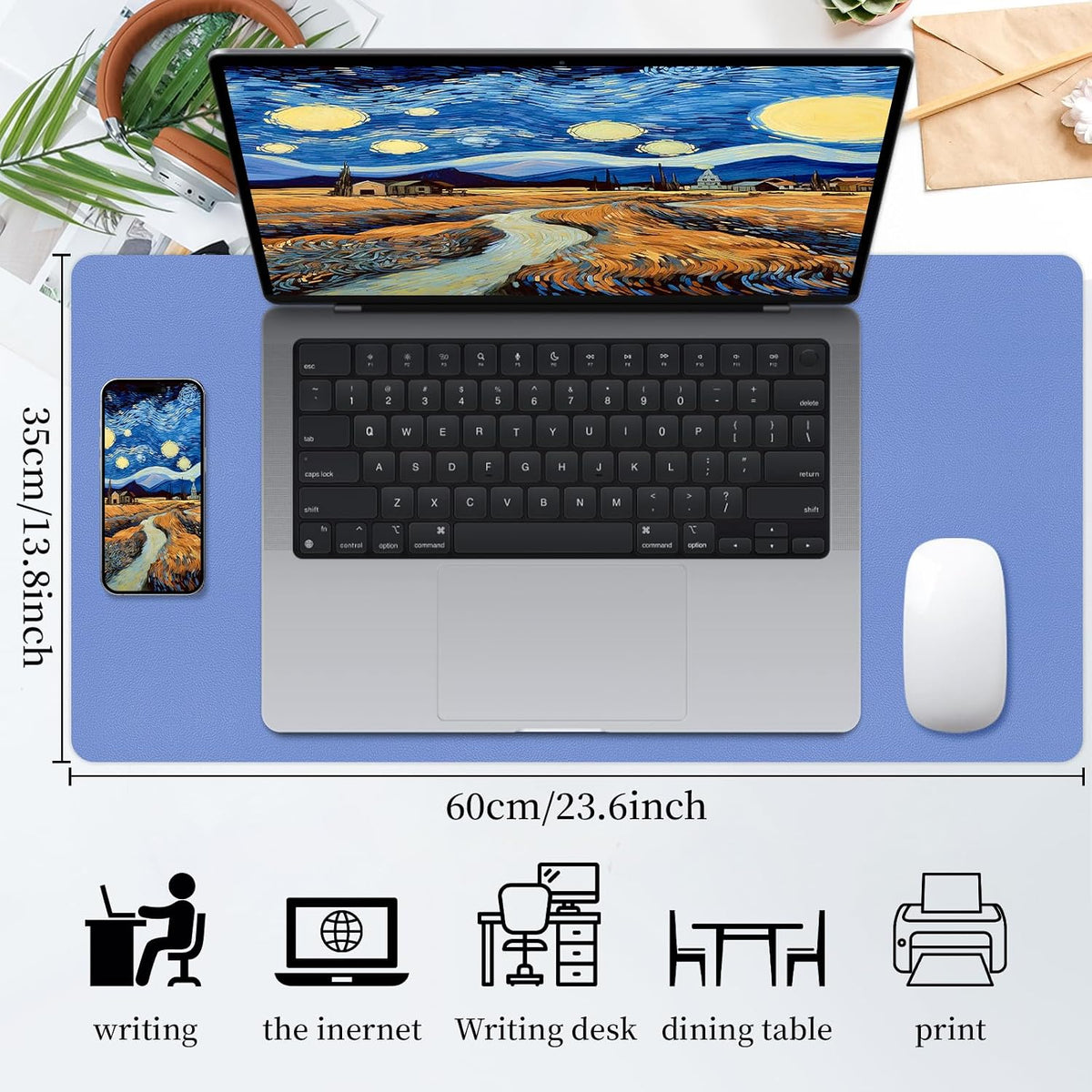 Bloss Blue Leather Desk Mat Protector,Leather Mouse Pad,Laptop Protector Desks Mat,Office Desks Mats,Keyboard Desks Mats,Computer Mat,Dual-Side Waterproof Desk Writing Pad for Office/Home.23.6"x 13.8"