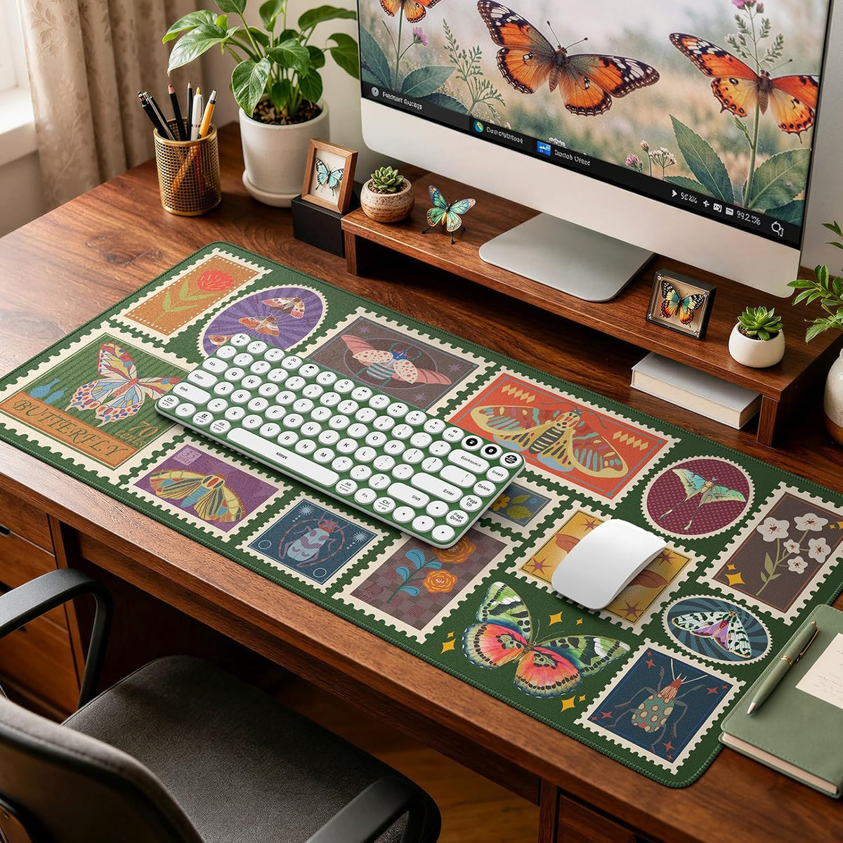 iCasso Vintage Desk Cover Mat, XXL Large Butterfly Mouse Pad, Olive Green
